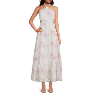 Gianni Bini Delaney Embroidered Eyelet Halter Neck Tie Dye Maxi‎ Dress